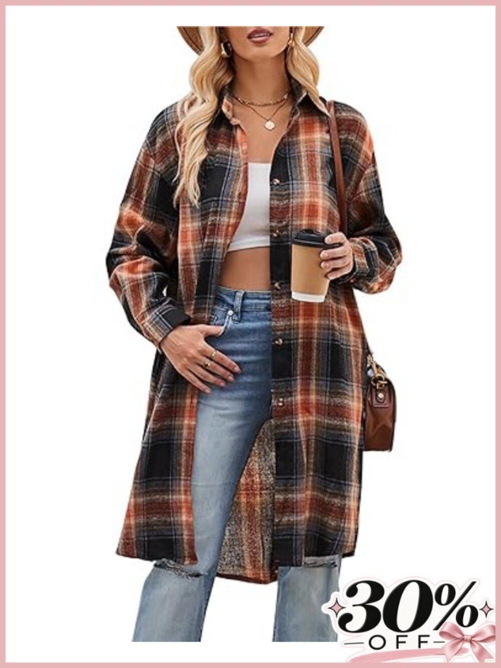 Long Flannel Shacket Womens Plaid Button Down Lightweight Jacket